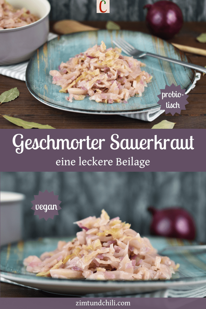 Sauerkraut geschmort auf einem blau-grünem Teller. Beschrifteter Pin mit zwei Fotos.