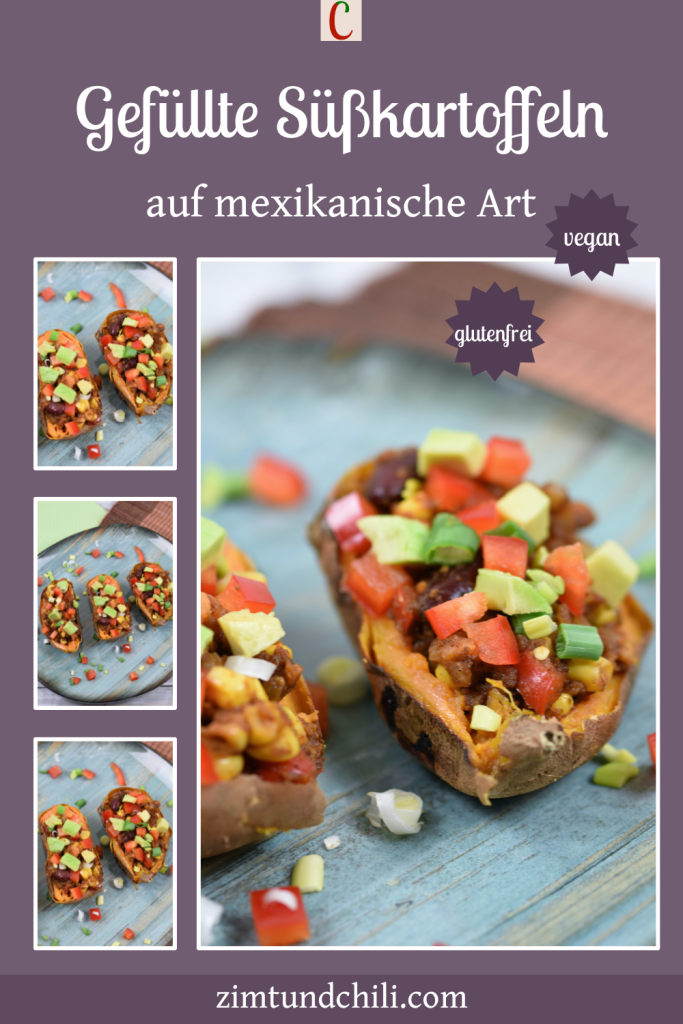 Gefüllte Süßkartoffel auf mexikanische Art dekoriert mit Paprika, Avocado und Frühlingszwiebeln. Beschrifteter Pin mit mehreren Fotos.
