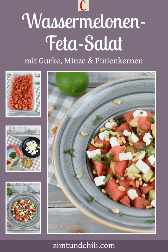 Wassermelonen-Feta-Salat iauf einem grauen Teller. Hintergrund hell. Beschrifteter Pin mit mehreren Fotos.