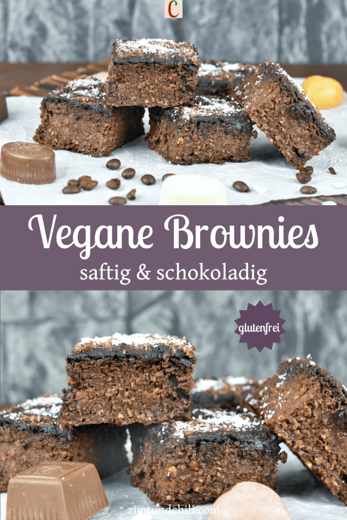 Vegane Brownies übereinander gestapelt auf Backpapier. Hintergrund dunkel. Beschrifteter Pin mit zwei Fotos.