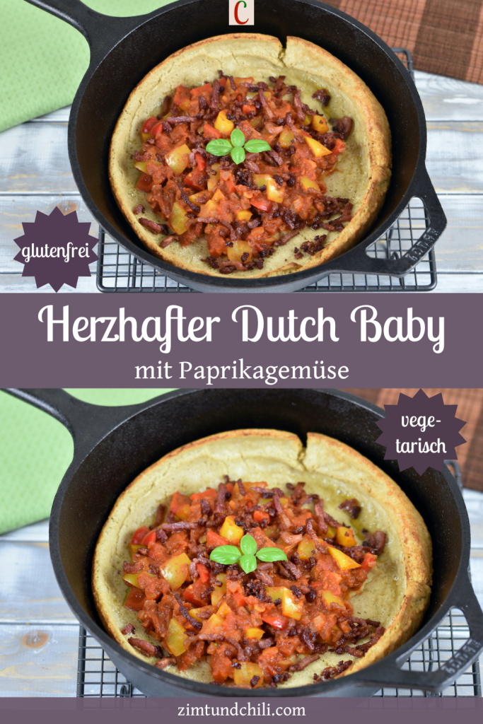 Herzhaftes Dutch Baby mit Paprikagemüse in einem schwarzen gusseisernen Topf. Beschrifteter Pin mit 2 Fotos.