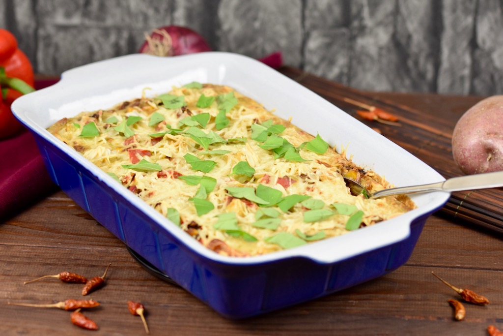 Veganer Ernährungsplan - cremiger Kartoffelauflauf - Rezept - vegan - glutenfrei - mit Gemüse - einfach - gesund - Paprika - ohne Sahne - Auflauf - Kartoffelauflauf