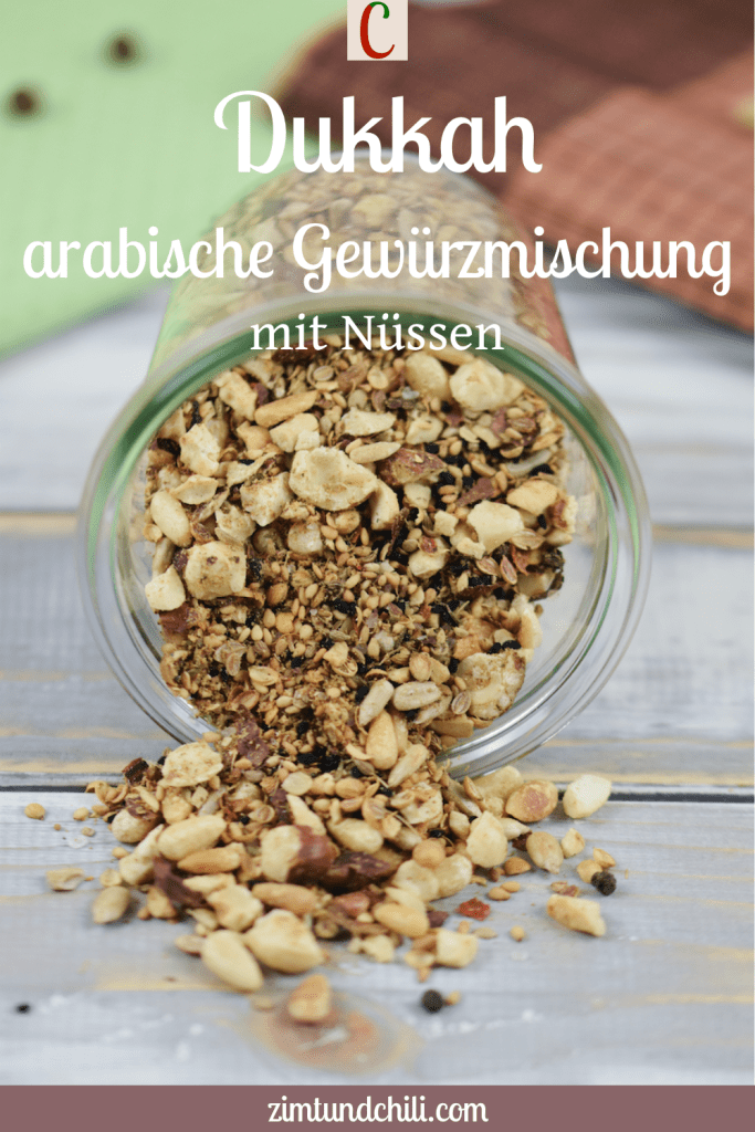 Dukkah selber gemacht in einem liegenden Glas. Etwas Dukkah ist herausgerutscht. Hintergrund hell. Beschrifteter Pin.