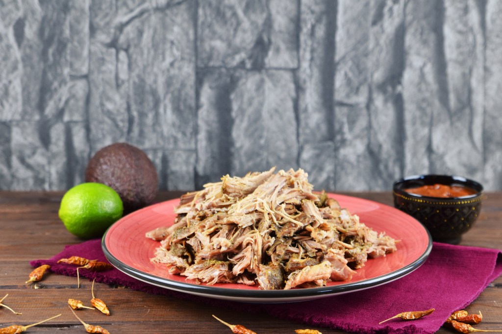 Mexikanische Carnitas auf rotem Teller. Hintergrund dunkel.