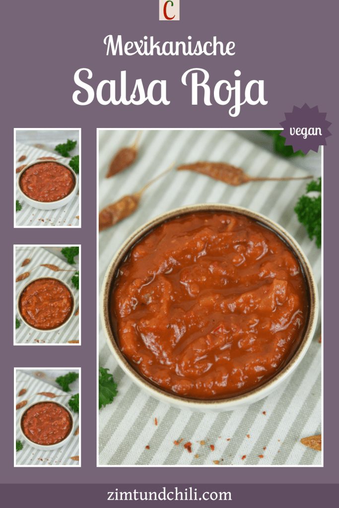 Mexikanische Salsa Roja mit Tomaten und Paprika in weißer Schale. Beschrifteter Pin mit mehreren Fotos.