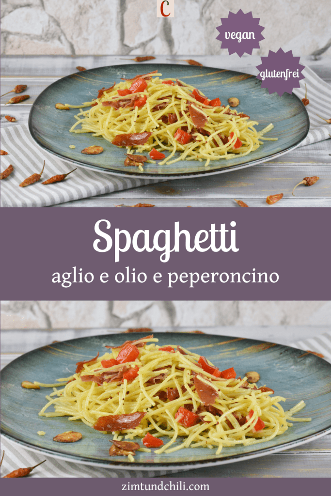Spaghetti aglio e olio e peperoncino auf einem türkisen Teller. Beschrifteter Pin mit zwei Fotos.