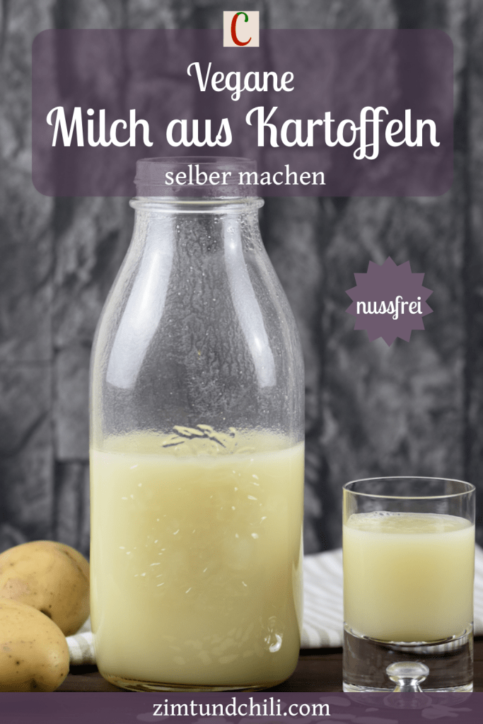 Vegane Milch aus Kartoffeln in einer Glasflasche und einem Glas. Hintergrund dunkel. Beschrifteter Pin.