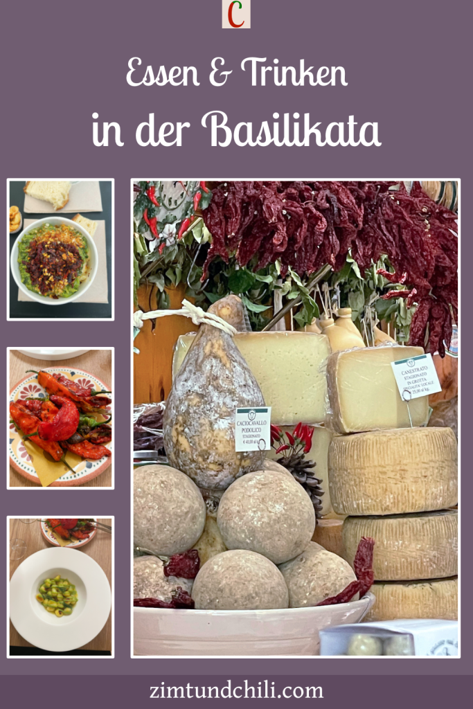 Essen & Trinken in der Basilikata. Beschrifteter Pin mit mehreren Fotos.