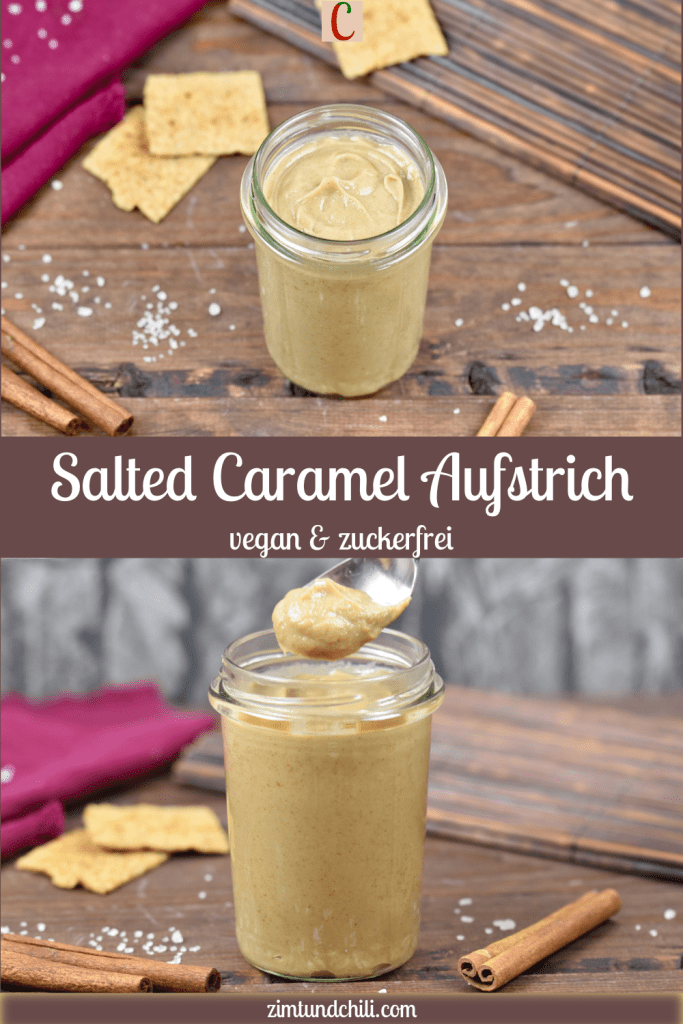 Salted Caramel Aufstrich in einem Glas. Hintergrund dunkel. Beschrifteter Pin