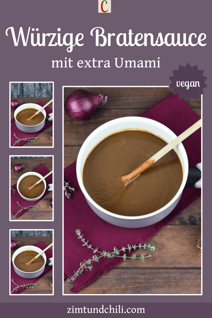 Würzige vegane Bratensauce in einem kleinen Topf. Hintergrund dunkel. Beschrifteter Pin mit mehreren Fotos.