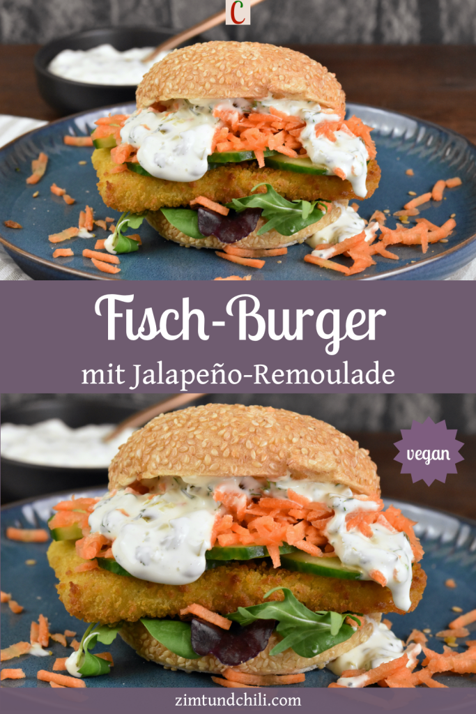 Veganer Fischburger mit Jalapeño-Remoulade auf blauem Teller. Beschrifteter Pin mit zwei Fotos.