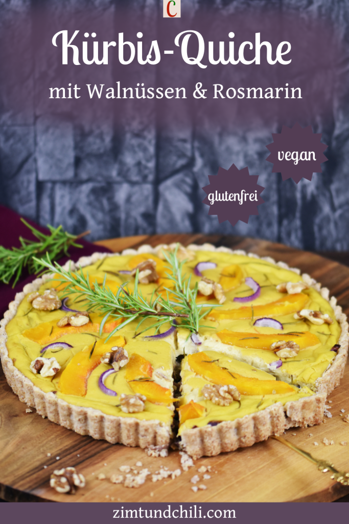Runde Kürbis-Quiche mit Walnüssen und Rosmarin. Hintergrund dunkel. Beschrifteter Pin.