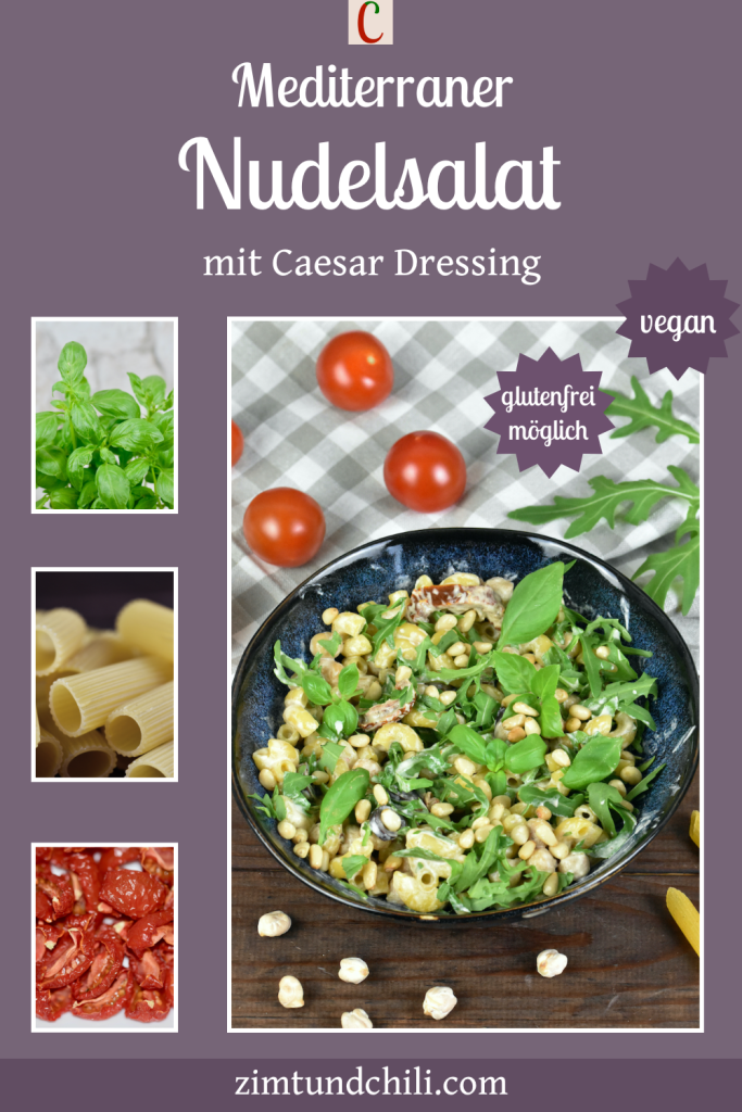 Mediterraner Nudelsalat in blauer Schale. Beschrifteter Pin mit mehreren Fotos.