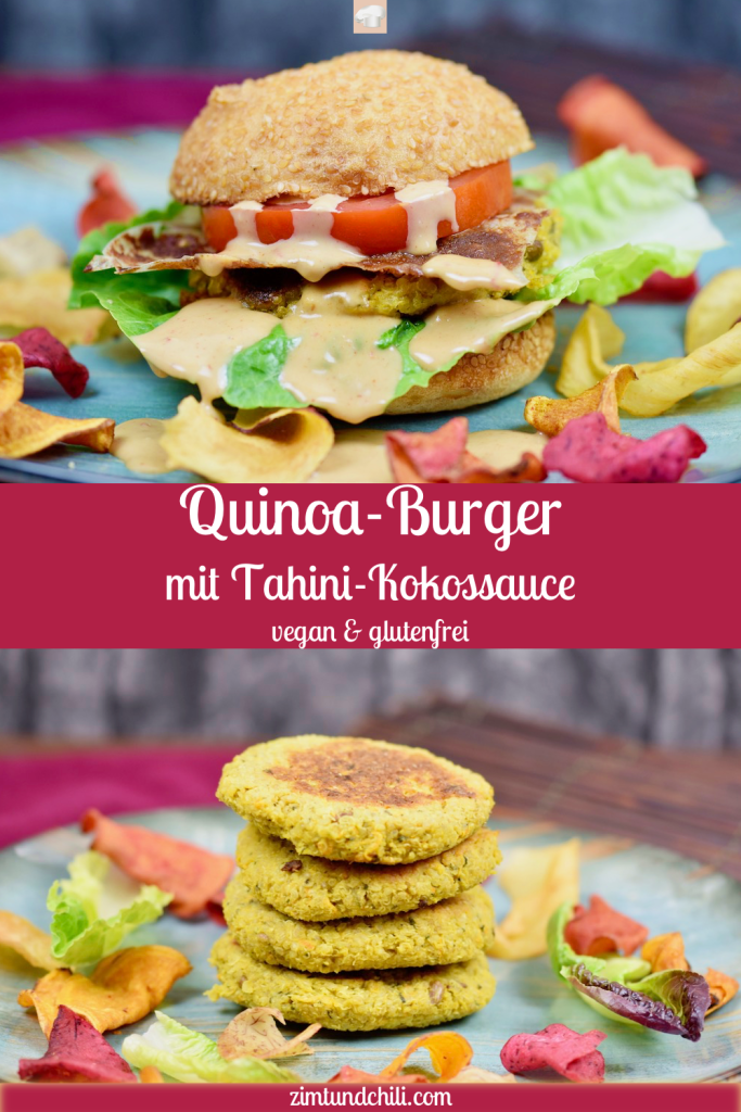 Quinoa-Burger mit Tahini-Kokossauce - Burger - Quinoa-Burger - Quinoa-Bratlinge - Quinoa - Rezept - vegan - glutenfrei - gesund - Burgersauce - Ideen - einfach