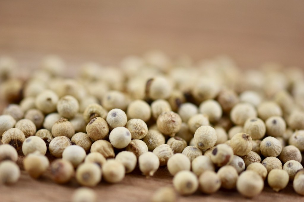 weiße Pfefferkörner auf Holzbrett, Nahaufnahme