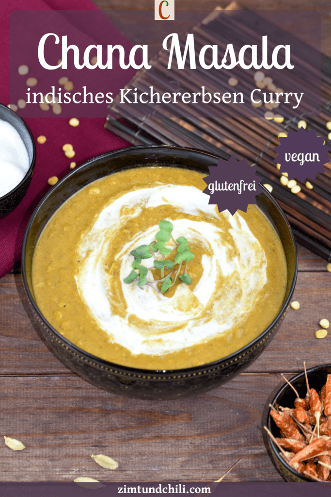Chana Masala - indisches Kichererbsen-Curry - in einer dunklen Schale. Beschrifteter Pin