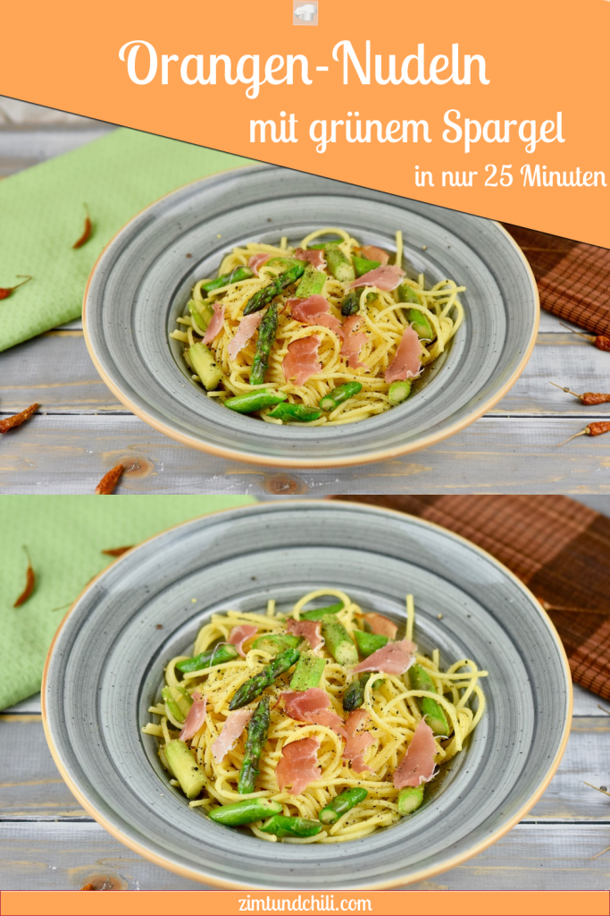 Orangen-Nudeln mit grünem Spargel in einem grauen tiefen Teller. Hintergrund hell. Pin mit zwei Fotos beschriftet.