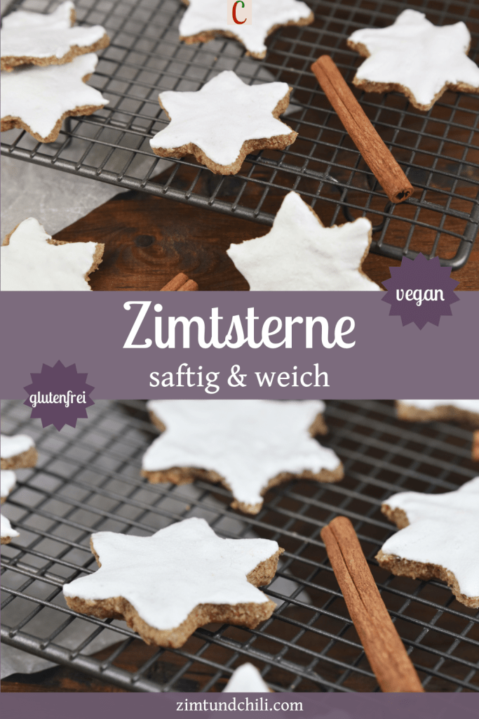 Vegane und Glutenfreie Zimtsterne auf einem Abkühlgitter. Beschrifteter Pin mit zwei Fotos.