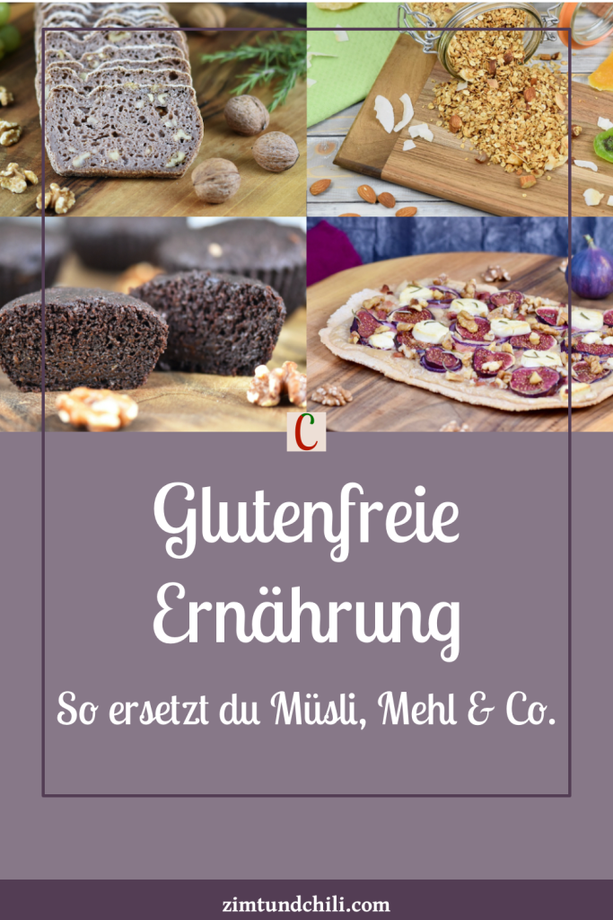 Glutenfreie Ernährung - Beschrifteter Pin. Abgebildet sind ein Walnussbrot, Granola, Brownies und ein Flammkuchen.
