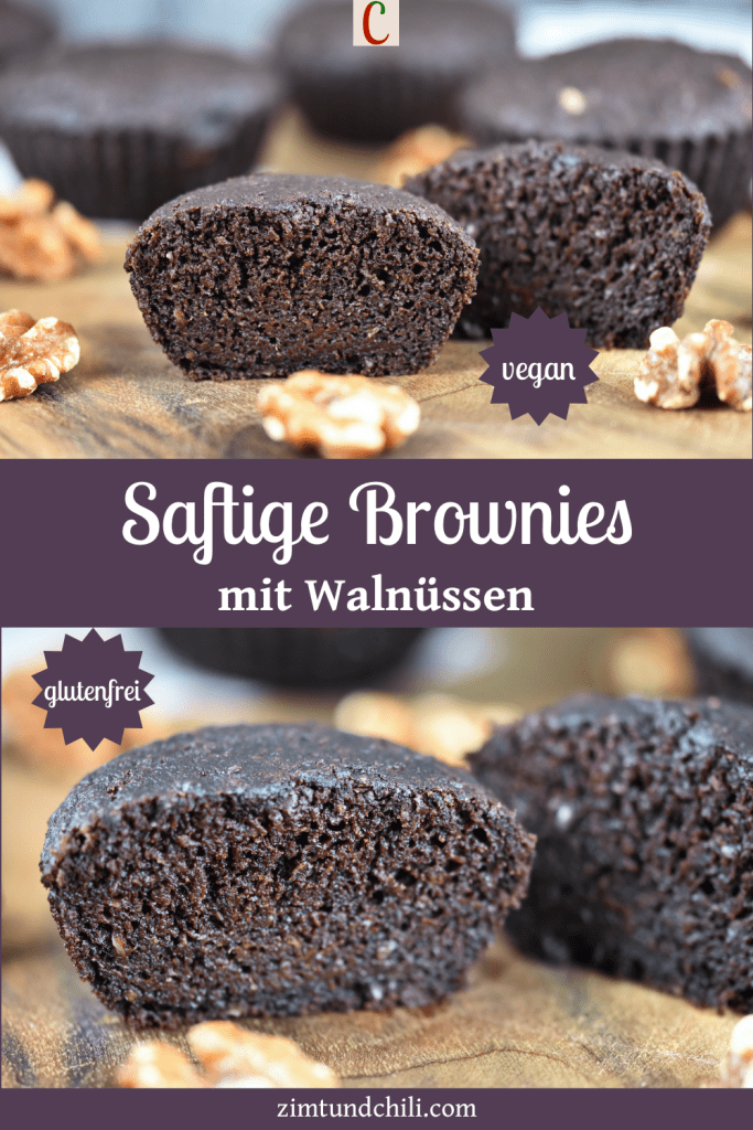 Saftige Brownies mit Walnüssen auf Holzbrett. Beschrifteter Pin mit 2 Fotos.