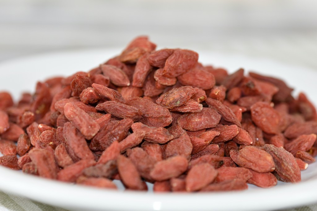 Getrocknete Gojibeeren auf weißem Teller