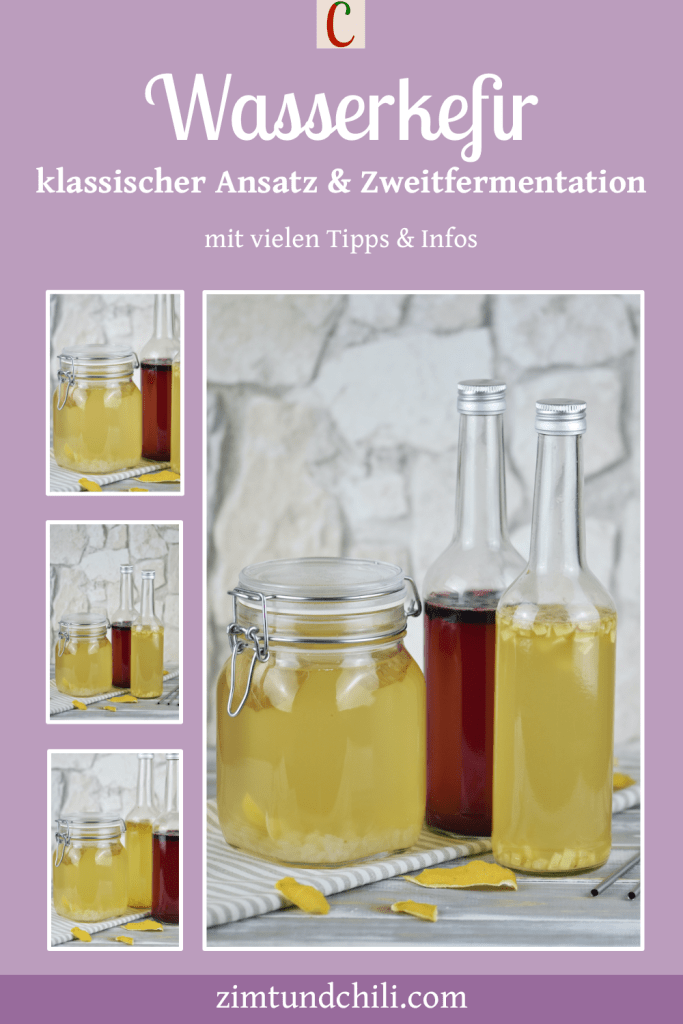 Wasserkefir im Einmachglas und in 2 Flaschen. Im Einmachglas ist der Ansatz und in den Flaschen die Zweitfermentation. In einer Flasche ist Ingwer und in einer sind Blaubeeren zugesetzt. Beschrifteter Pin mit mehreren Fotos.