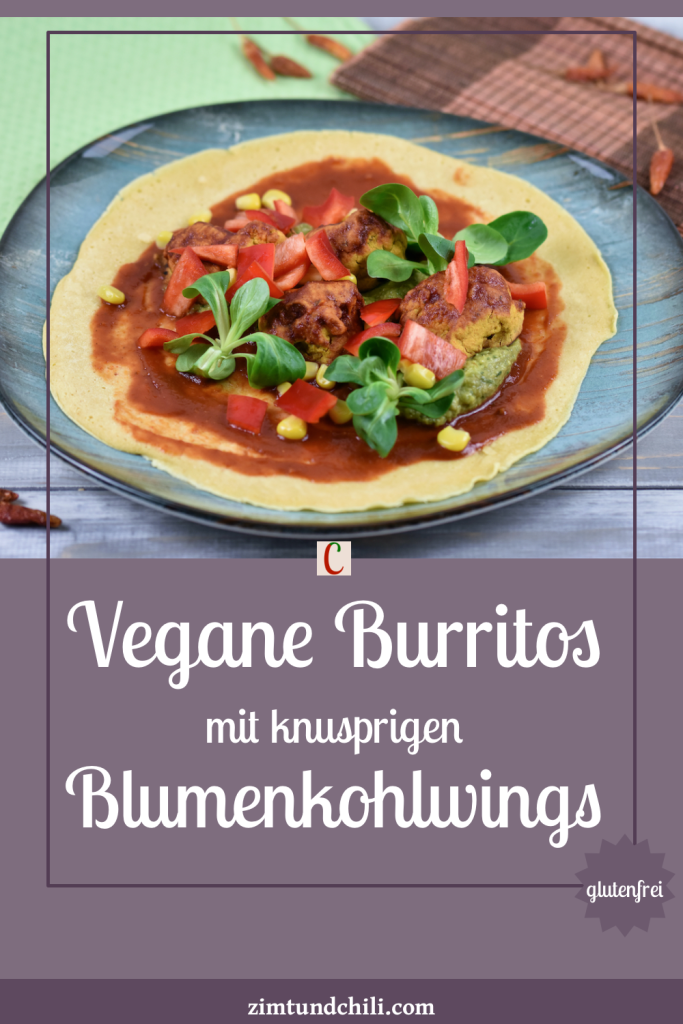 Vegane Burritos mit knusprigen Blumenkohlwings belegt aber noch nicht aufgerollt. Beschrifteter Pin
