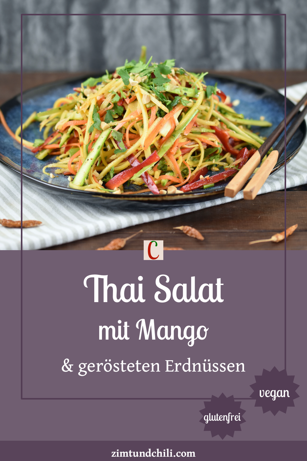 Thai Salat mit Mango und gerösteten Erdnüssen auf einem blauen Teller. Beschrifteter Pin.