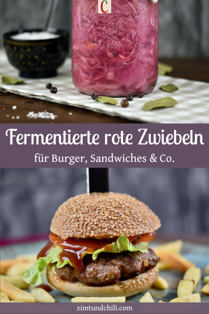 Fermentierte rote Zwiebeln in einem Einmachglas und ein Burger. Beschrifteter Pin.