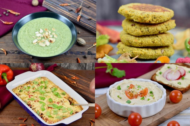 Titelbild veganer Ernährungsplan mit Bildern von vier Gerichten