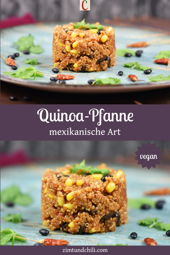 Quinoa-Pfanne auf mexikanische Art auf blauem Teller. Hintergrund dunkel. Beschrifteter Pin mit 2 Fotos.