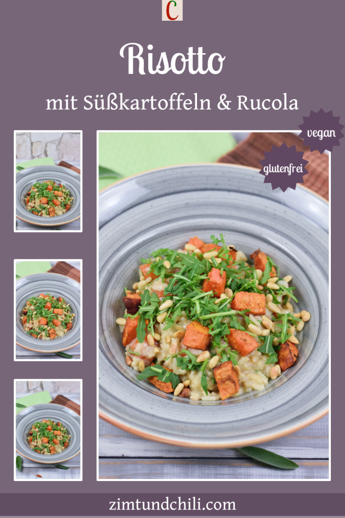 Risotto mit Süßkartoffeln und Rucola auf grauem Teller. Beschrifteter Pin mit mehreren Fotos.