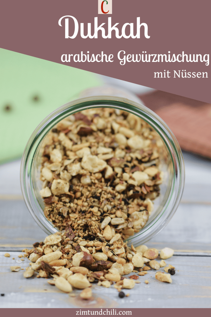 Dukkah selber gemacht in einem liegenden Glas. Etwas Dukkah ist herausgerutscht. Hintergrund hell. Beschrifteter Pin.