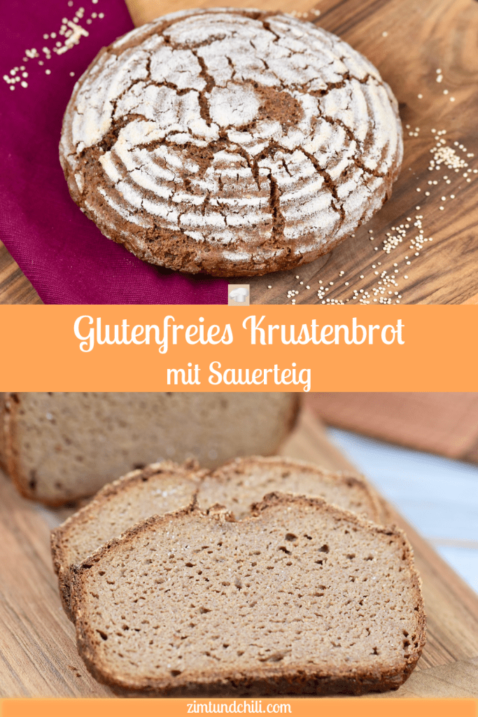 2 Fotos auf einem beschrifteten Pin. 1. Foto: glutenfreies Krustenbrot in rund auf Holzbrett. Dekoriert ist es mit einer weinroten Stoffserviette und groben Salzkörnern. 2. Foto: glutenfreies Krustenbrot in Kastenform auf Holzbrett mit 2 angeschnittenen Scheiben