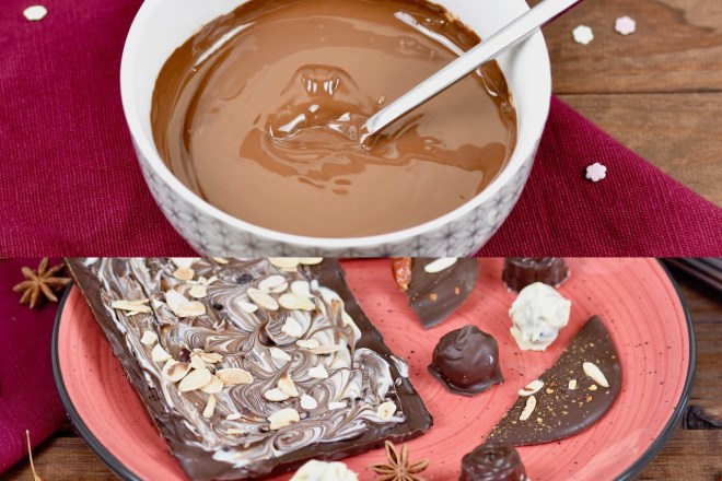 Schokolade temperieren - Schokolade schmelzen - Wasserbad - Temperatur - ohne Klumpen - für Glasur - Glanz - knackiger Bruch - zarter Schmelz - Schokolade