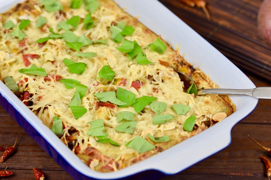 cremiger Kartoffelauflauf - Rezept - vegan - glutenfrei - mit Gemüse - einfach - gesund - Paprika - ohne Sahne - Auflauf - Kartoffelauflauf