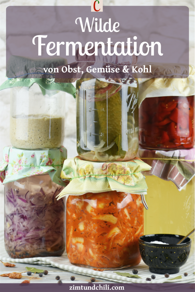 Einmachgläser gefüllt mit verschiedenen Fermenten der wilden Fermentation. Beschrifteter Pin.