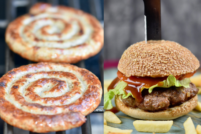 Clean Meat - Fleisch aus dem Labor - 2 Fotos, die Fleisch abbilden. Ein Burger und Bratwurst.