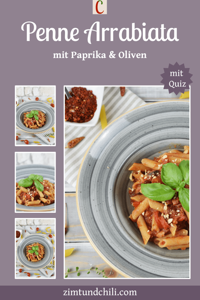 Penne Arrabiata mit Paprika und Oliven auf einem grauen Teller. Beschrifteter Pin mit mehreren Fotos.