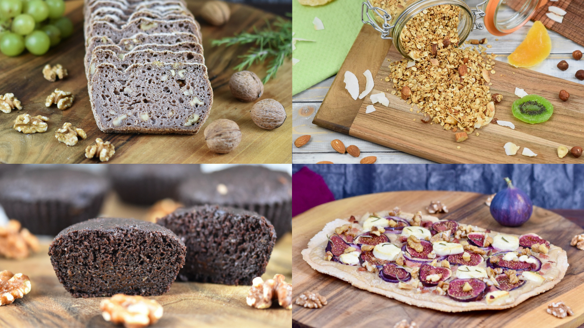 Glutenfreie Ernährung: Abgebildet sind ein Walnussbrot, Granola, Brownies und ein Flammkuchen.