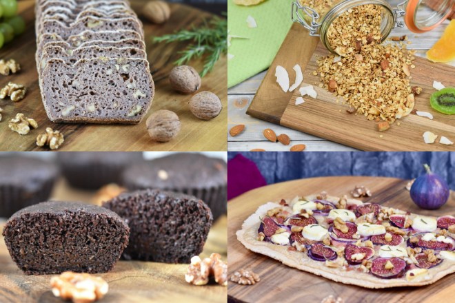 Glutenfreie Ernährung: Abgebildet sind ein Walnussbrot, Granola, Brownies und ein Flammkuchen.