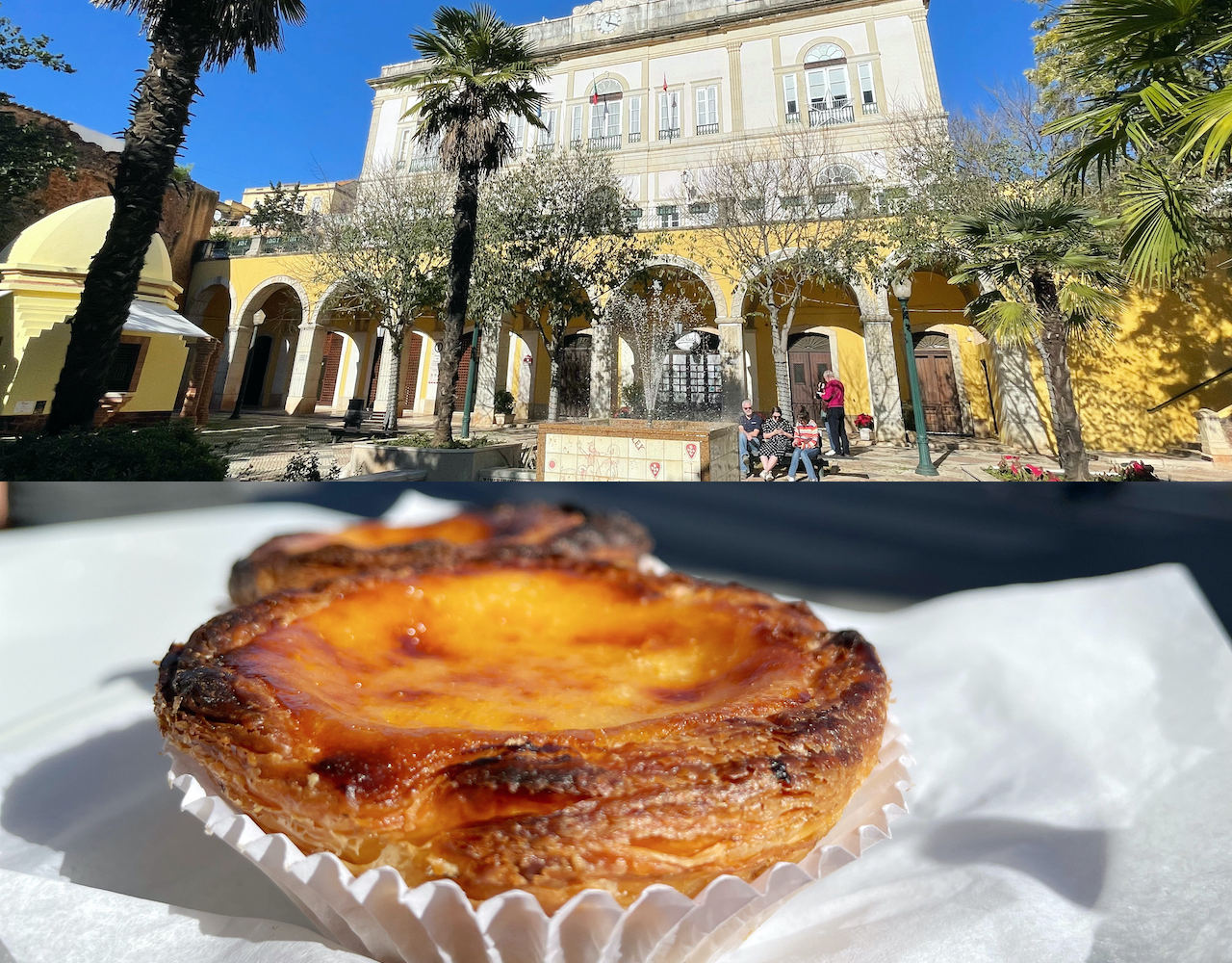 Portugiesische Küche: Bild mit Zwei Fotos: Oben Silves und unten ein pasteis de nata