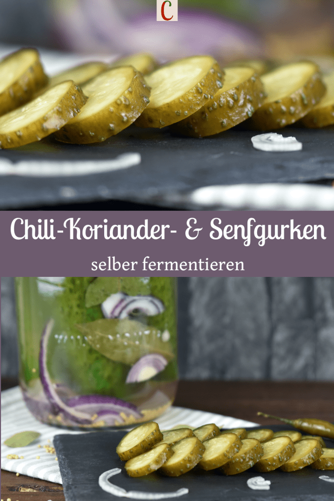 Fermentierte Gurken in einem Einmachglas. Davor liegen die Senfgurken angeschnitten auf einer Schieferplatte. Beschrifteter Pin mit 2 Fotos.