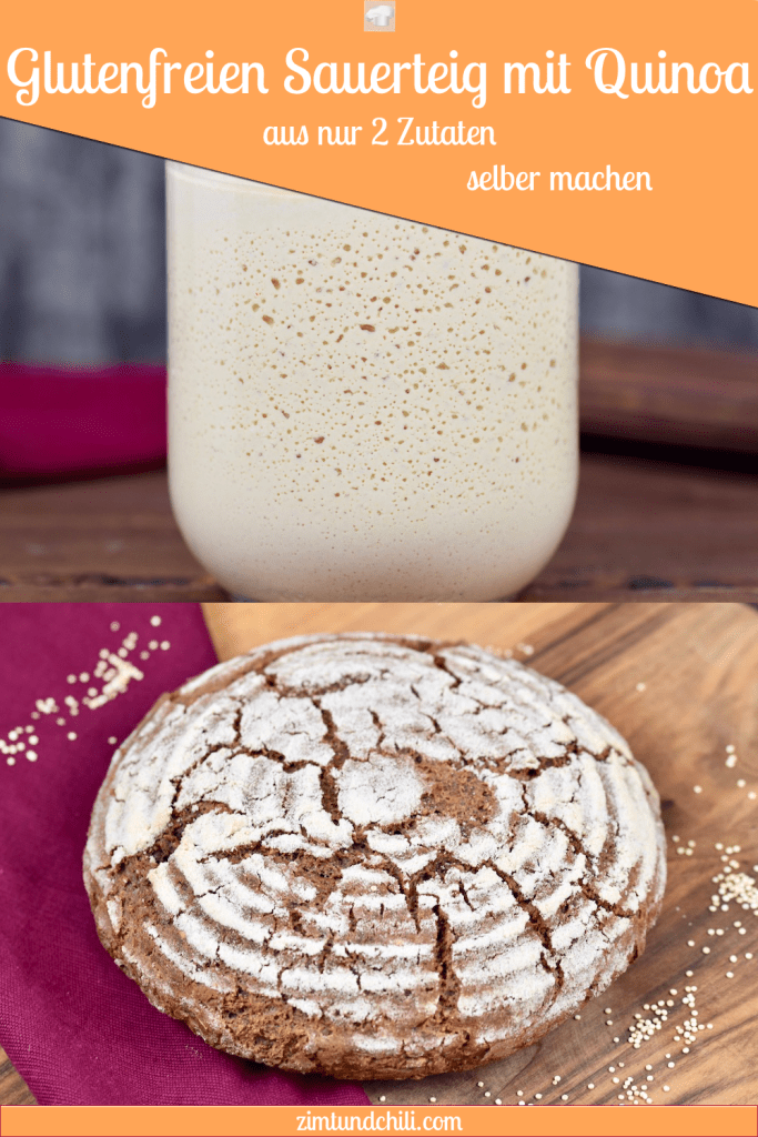 Glutenfreier Sauerteig im Glas. Man sieht die Bläschenbildung. Hintergrund dunkel. Pin beschriftet mit 2 Fotos, eins ist ein rundes Krustenbrot