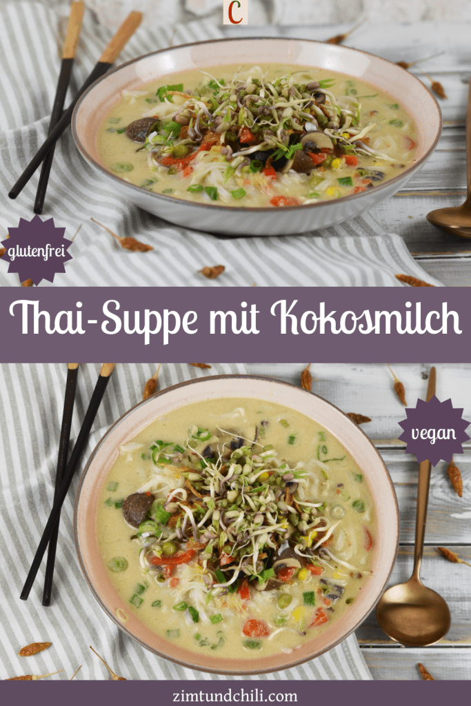 Thai-Suppe mit Kokosmilch und Zitronengras in heller Schale. Pin mit 2 Fotos.