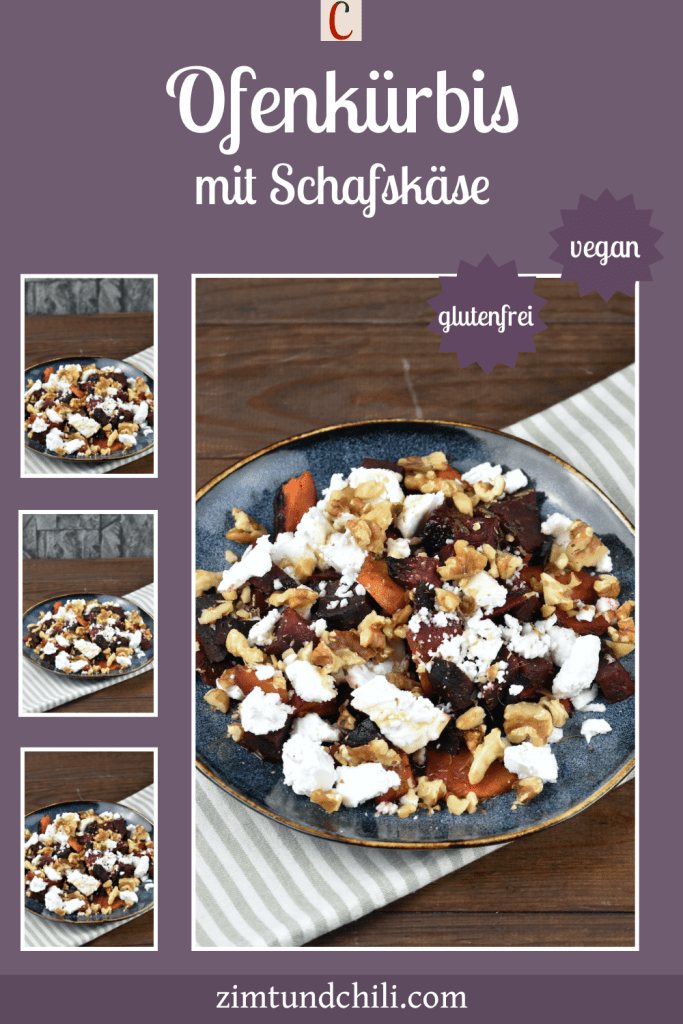 Ofenkürbis mit Schafskäse auf dunklem Teller. Beschrifteter Pin mit mehreren Fotos.