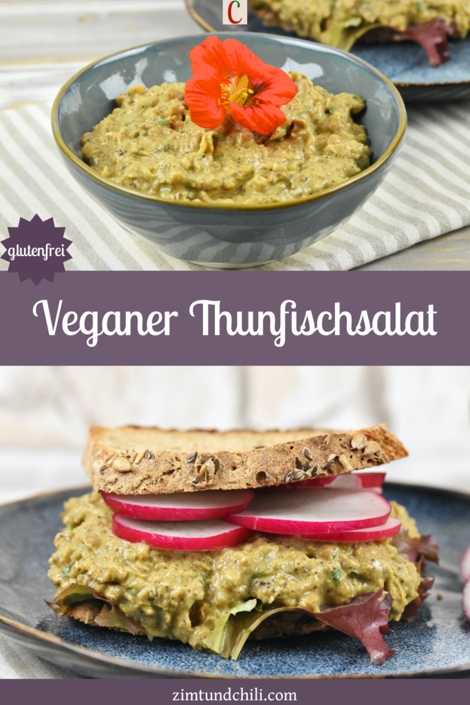 Veganer Thunfischsalat aus Kichererbsen in einer blaugrauen Schale und auf einem Sandwich mit Radieschen - Pin.