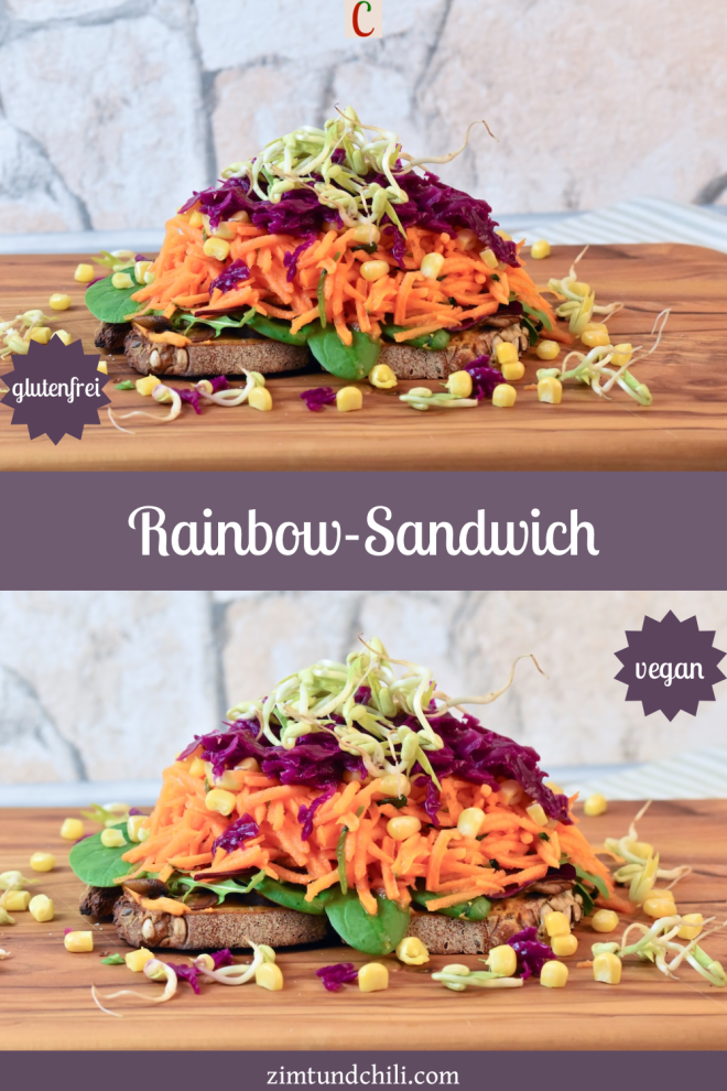Rainbow Sandwich mit knackigem Gemüse auf Sauerteigbrot - Pin mit 2 Bildern