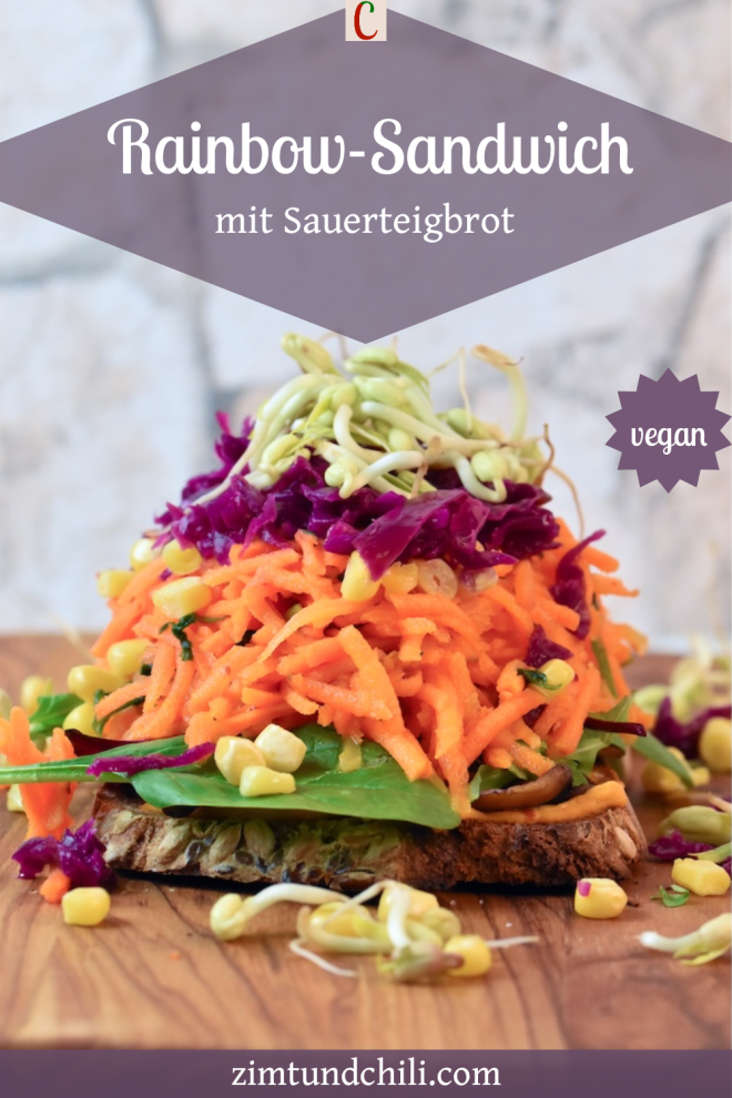 Rainbow Sandwich mit knackigem Gemüse auf Sauerteigbrot - Pin mit einem Bild